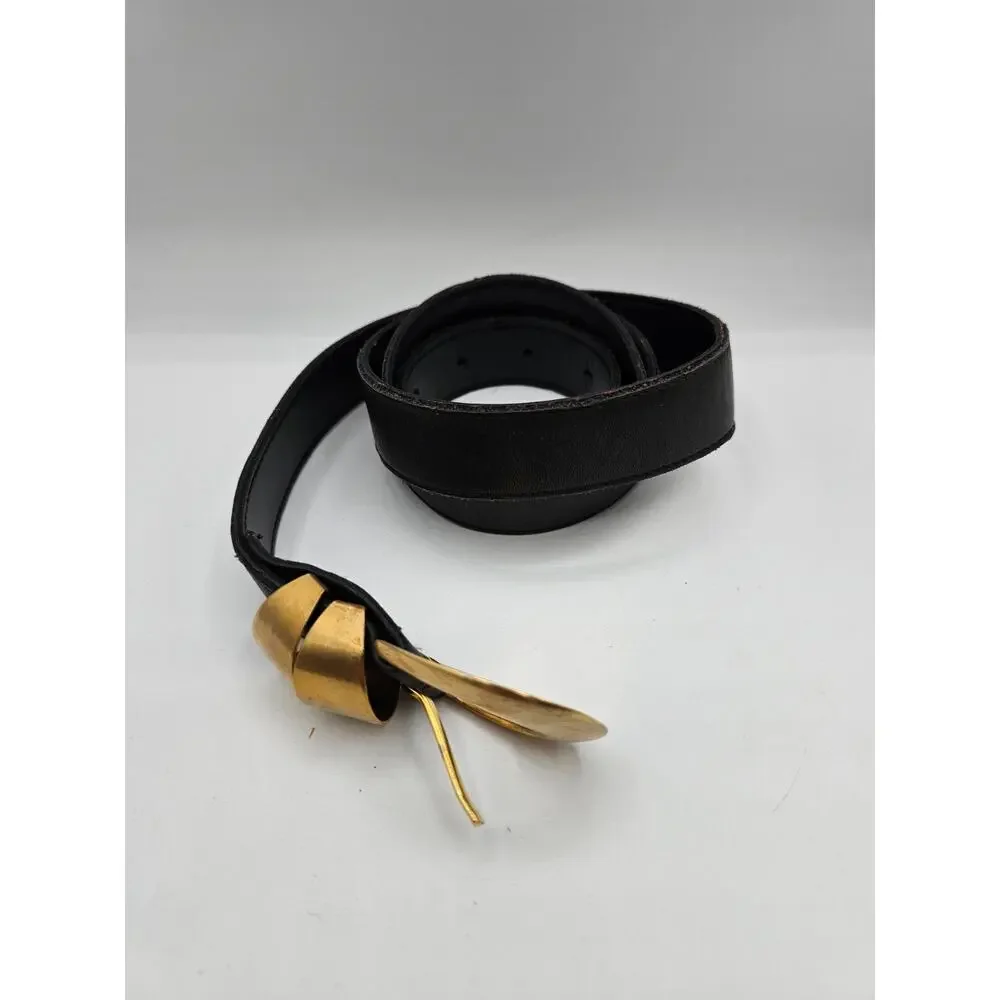 Vintage Mid Century Womens Sz M Black Leather Belt Barcelona Gold Buckle